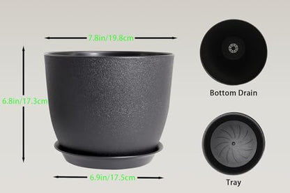 8 Inch Plant Pots Set of 4, Plastic Planters with Drainage Holes and Tray, Flower Pots for Indoor Outdoor Plants and Flowers (Black) - color: Black