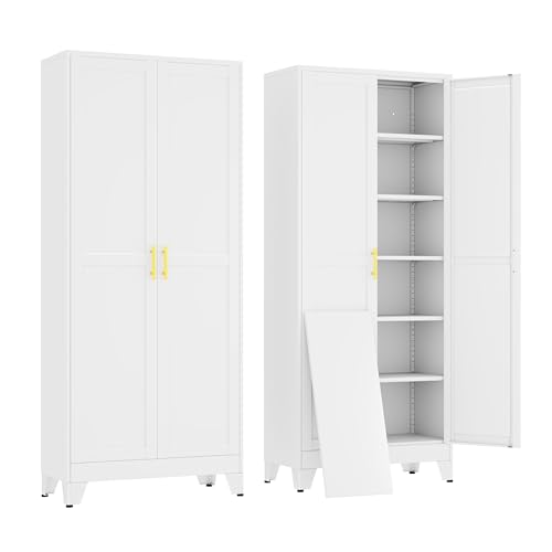 erosoei 75" H Metal Garage Storage Cabinet, Metal Pantry Cabinet with 2 Doors, Locker Steel Cabinet with 5 Adjustable Shelves, Freestanding Cupboard for Garage,Office,Home,Gym,School - color: White, size: 75"-NCasNLck