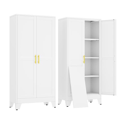 erosoei 61" H Metal Garage Storage Cabinet, Metal Pantry Cabinet with 2 Doors, Locker Steel Cabinet with 3 Adjustable Shelves, Freestanding Cupboard for Garage,Office,Home,Gym,School - color: White, size: 61"-NCasNLck