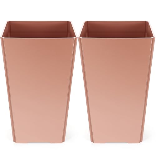 Briwooody Set of 2 15.75 Inch Large Taper Planters Outdoor Indoor Tall Resin Flower Pots with Drainage Holes Modern for Front Door Patio Backyard Plants (Gold Pink) - color: Gold Pink