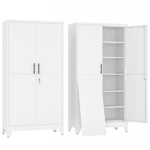 erosoei 79" H Metal Garage Storage Cabinet, White 2‑Door Metal Pantry Cabinet, Steel Locker Cabinet with 5 Adjustable Shelves, Freestanding Cupboard for Garage, Office, Home, Gym, School - color: White, size: Upgraded Version-78" NCasNLck