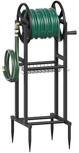 Freestanding Garden Hose Reel holds 125ft Hose of 5/8" with 4 Hooks, 4-Spike Outdoor Hose Holder with 3.9ft Leader Hose & Brass Fitting, Detachable Metal Hose Stand with Storage Rack, Black - color: Black