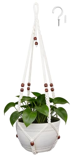 35 Inch Macrame Plant Hanger, Large for up to 15 Inch Pot Extra Long Hanging Planter Holder Basket with Wood Beads for Indoor Outdoor Home Decor (Ivory, 1-Pack) - color: Ivory, size: 1-Pack