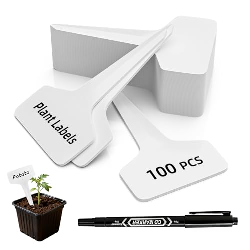 KMOSENIA Plant Labels, 100 Pack T-Type Garden Markers with Pen