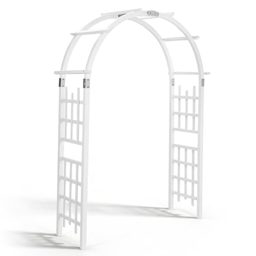 VINGLI 7FT Wooden Garden Arch with Trellis, Freestanding Curved Top Arbor with Sturdy Metal Connections, Rustic Wedding Backdrop Stand for Climbing Plants, Outdoor Patio, Lawn, Garden Decor - color: White