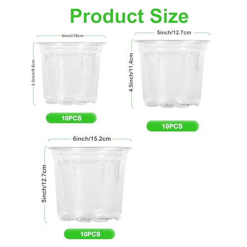 JERIA 30 Pack 6/5/4Inch Clear Nursery Pots with Drainage Holes, Clear Plant Pot for Planting, Transparent Plastic Plant Pots,Durable Seed Starting Pot for Succulents - size: 4/5/6Inch-30Pack