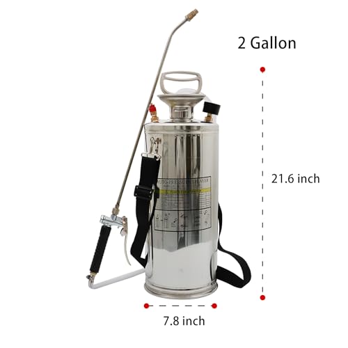 2 Gallon Stainless Steel Sprayer, 20 Wand & 3FT Reinforced Hose, Heavy Duty Hand Pump Sprayer with Pressure Gauge, Safety Valve and Adjustable Nozzle, for Lawn, Garden Watering (Silver-8L) - size: 2 Gallon