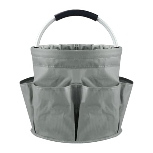 Gray Collapsible Round Garden Tool Bag with Metal Handle Multi-Pocket Storage Bucket for Gardening Work Picnic Cleaning Tool Organization Portable & Easy to Store - color: Grey