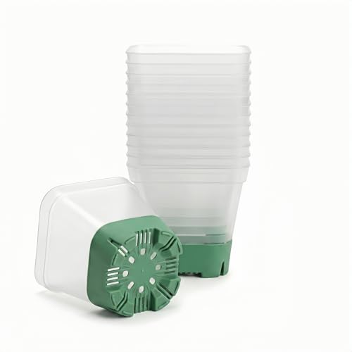 12 Pack 3.2 Inch Square Nursery Pots - Clear Seed Starter Pots, Reusable Seedling Pots with Silicone Base - Clear Plastic