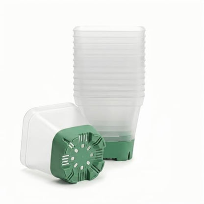 12 Pack 3.2 Inch Square Nursery Pots - Clear Seed Starter Pots, Reusable Seedling Pots with Silicone Base - Clear Plastic