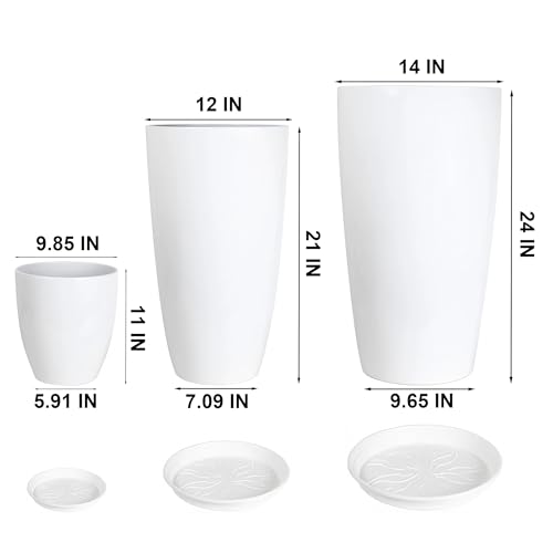 24,21,11 Inch Large Plastic Planters with Drainage Hole and Saucer - Set of 3 Tall Plant Pots Indoor Flower Pot Tall Round Planters Outdoor Large Tall Planter - color: White
