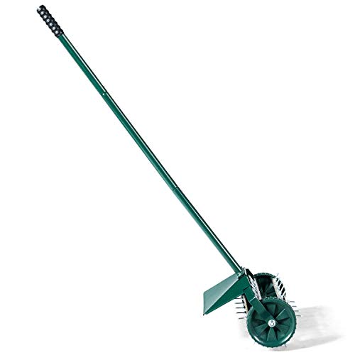 Goplus Rolling Lawn Aerator, 18-Inch Garden Yard Rotary Push Tine Heavy Duty Spike Soil Aeration, Manual Lawn Aeration Tool w/ 41-Inch Handle (Green w/Fender) - color: Green w/ Fender