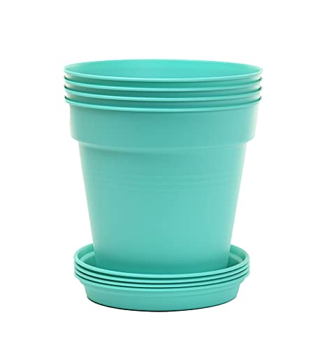 Mintra Garden Pots, 4 Pack Bulk Plastic Plant Pots with Drainage Tray, Round Indoor & Outdoor Decorative Planters with Drain Holes for Flowers, Herbs & Plants, 17cm Diameter – Teal, 6.6 in - color: Teal, size: 17cm Diameter (6.6in)