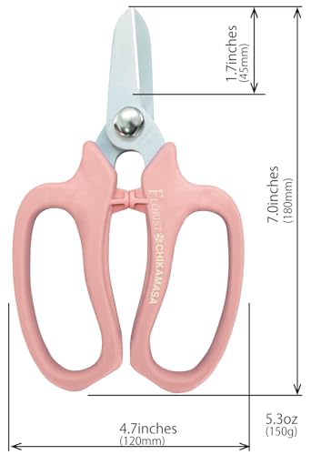 CHIKAMASA MF-9000, Precision Shears for Florists, Carbon Steel with Fluorine Coating and built-in wire cutter. For flower arrangement, fresh flowers, general gardening. Designed with florists. (Pink) - color: Pink