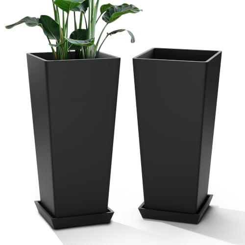 24" Set of 2 Tall Black Planters for Outdoor Plants, Tapered - color: Classic Black