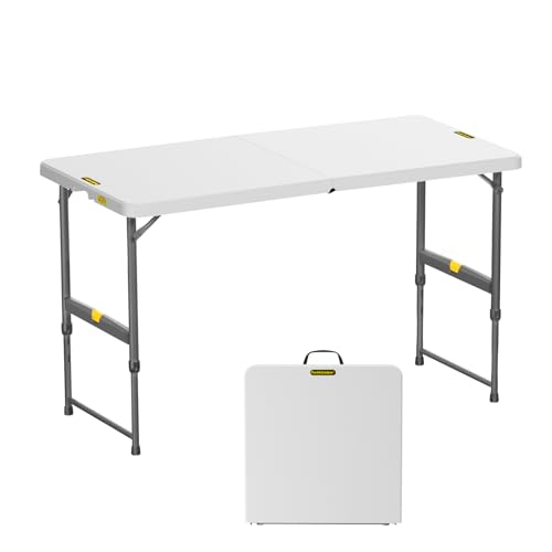 FanttikOutdoor Folding Table 4 Foot Quick Adjust Portable Plastic 4 Heights - color: Granite White