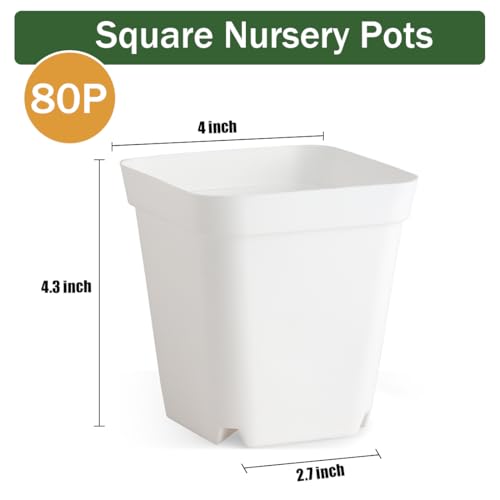 80 Pcs Nursery Pots 4 Inch, Plastic Seed Starting Pot with Drainage Holes, Small Sturdy Seedling pots for Planting, Succulents, Transplanting, Cuttings (White) - color: White, size: 4 Inch-80P