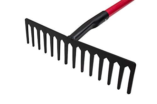 Bully Tools 14-Tine Level Head Rake | 60" Fiberglass Long Handle 16" Wide Head Garden Rake Heavy Duty Metal Tool for Soil Leveling, Spreading Mulch Gravel and Thatch | 100% Made in USA