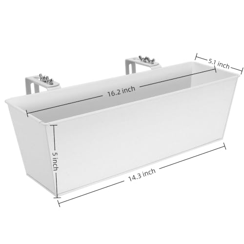Metal Railing Planter, 16 Inch Rectangular Window Box with Adjustable Brackets, Drainage Holes, for Balcony Deck, 4 Pack (White, Rectangular) - color: White