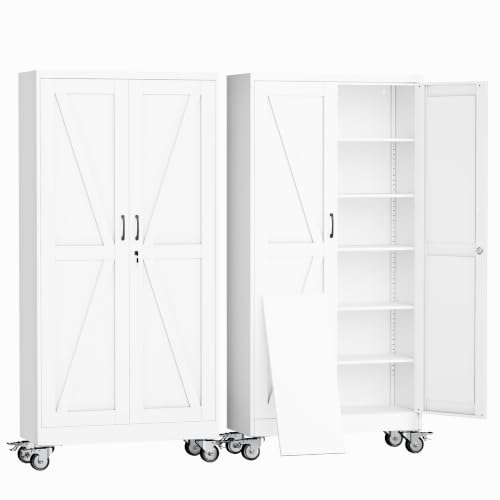 erosoe 74" H Metal Garage Storage Cabinet, Rolling Tool Cabinet with 2 Doors and Wheels, Locker Steel Cabinet with 5 Adjustable Shelves, Organization Cabinet for Garage,Office,Home,Gym,School-White - color: White, size: 74" CasLck-M
