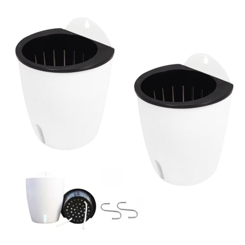 2 Pack 7 Inch Visible Water Level Self Watering Planter,Hanging Planters,Wall Mounted Plants Holder,Small Flower pots Indoor Out Flowerpot with 3 Hooks Plastic Pots for Plants (White 7")