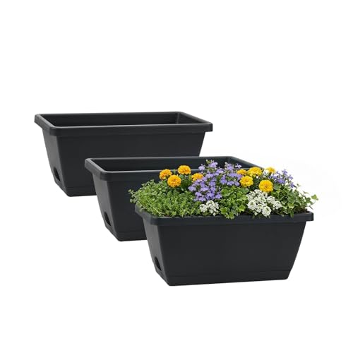 GREANER Rectangular Window Boxes with Trays, 3 Packs Modern Vegetable Planters, 13.8Inch Plastic Flower Boxes Container for Windowsill, Patio, Garden, Balcony, Porch, Indoor and Outdoor Use, Black - color: Black, size: 3pcs/13.8in
