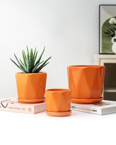 Ceramic Plant Pots Set of 3, Indoor Planter with Drainage Holes and Saucers - color: 2-orange