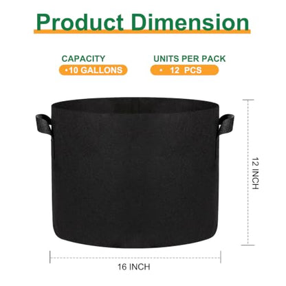 JERIA 12-Pack 10 Gallon Grow Bags, 300G Thickened Nonwoven Garden Pots,Heavy Duty Fabric Pots with Reinforced Handles - size: 10 Gallons