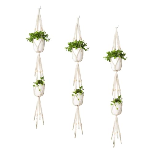 Mkono Macrame Plant Hanger 3 Tier Indoor Outdoor Hanging Planter Basket Cotton Rope with Beads 70 Inches (Pots and Plants NOT Included) (Pack of 3) - size: 70" (Pack of 3)