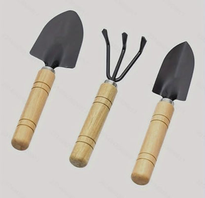Garden Hand Tool Set, 3-Piece Mini Planting Tools with Wooden Handles, Trowel Rake and Cultivator