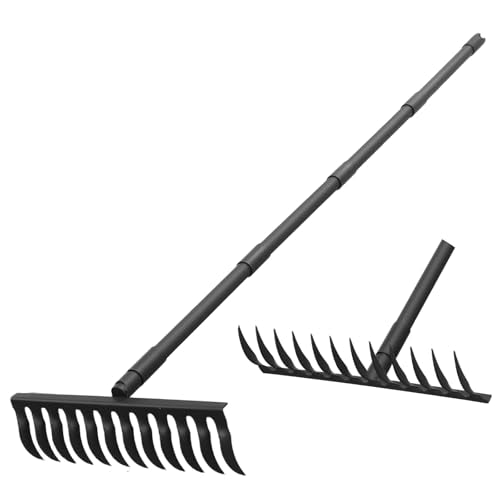 Heavy Duty Bow Rake, 12 Tines Garden Metal Rake with 60" Long Handle, Rock Rake for Gravel & Lawns,Portable Bow Rake for Soil Leveling, Residential Lawn Care, Leaf Raking & Garden Maintenance