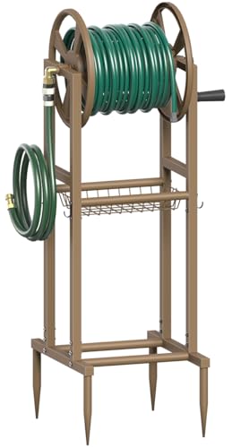 Freestanding Garden Hose Reel holds 125ft Hose of 5/8" with 4 Hooks, 4-Spike Outdoor Hose Holder with 3.9ft Leader Hose & Brass Fitting, Detachable Metal Hose Stand with Storage Rack, Brown - color: Brown
