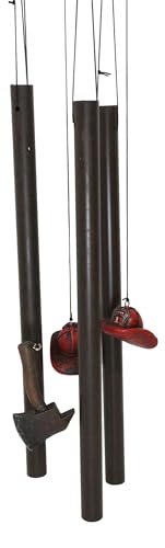 Ebros Gift Fire Fighter Axe Fireman Station Number 1 Hat with Coiled Water Hose Resonant Relaxing Wind Chime with Metal Tubes Patio Garden Accent 911 Emergency Civil Service Decorative