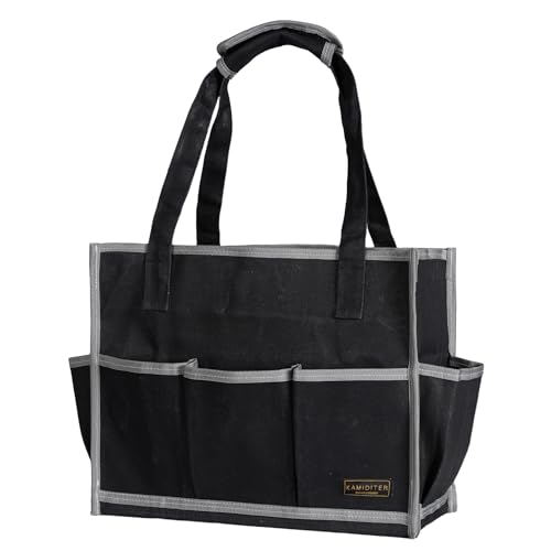 Waxed Canvas Tool Pouch,1 Large Capacity Pocket & 14 Pockets Garden Tool Storage Bag, 14.5 X 6.5 X 11 inch Muti-Purpose Tool Bag with Padded Handle | Black - color: Black