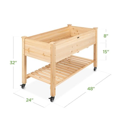 Best Choice Products Raised Garden Bed 48x24x32-inch Mobile Elevated Wood Planter w/Lockable Wheels, Storage Shelf, Protective Liner - Natural - color: Natural