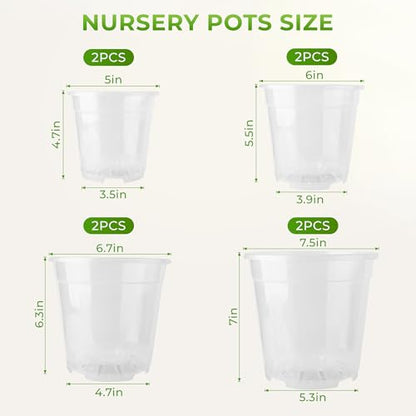 8 Pack Clear Nursery Pots with Drainage Holes, 5/6/6.7/7.5 Inch
