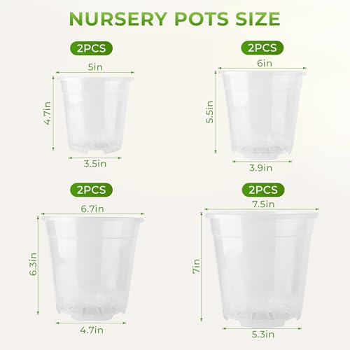 8 Pack Clear Nursery Pots with Drainage Holes, 5/6/6.7/7.5 Inch