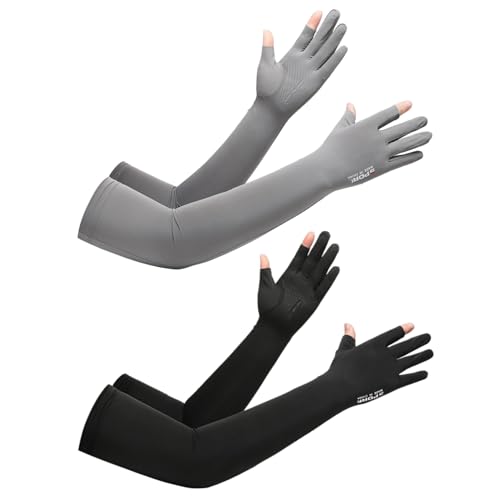 Inf-way UV Protection Armsleeves with Cut Finger Sun Gloves Men Anti-slip Fishing Driving Cycling Sports Cooling Long Sleeves - color: Black+grey
