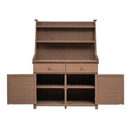 Outdoor Potting Bench Table, Wooden Gardening Table with Storage Cabinet, Drawer, Shelf, Planting Work Bench Station for Garden, Patio, Brown