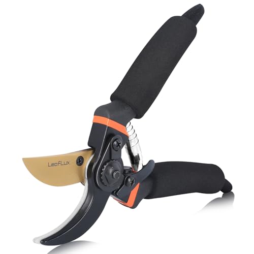 LeafLux Pruning Shears, Professional SK5 Quality Durable Titanium Plated Rust-Proof Bypass Pruning Shears with Soft Cushion Grip Handle, Hand Pruners, Clippers for Gardening, 8 Inch, LFXP1003B