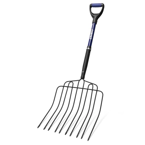 10-Tine Pitch Fork for Gardening, Heavy Duty Manure & Mulch Fork with Fiberglass Handle, Wide Bedding Hay Fork for Compost, Farm, 45 Inch