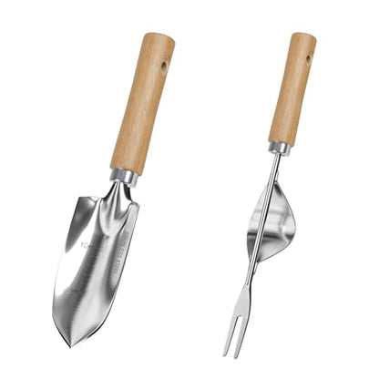 Garden Tool Set, 2 Pieces Stainless Steel Heavy Duty Garden Tools, Garden Kit with Ergonomic Wooden Handle, Durable Garden Tools for Gardening, Gardening Gifts for Women - style: 2PC(Transplanter&Weeder)