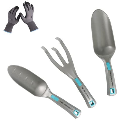 GOODSMANN Garden Tools Set, 3 Piece All One Piece Die-Cast Aluminum Gardening Kit, Hand Trowel, Marker Measurements Transplanter and Cultivator Garden Hand Shovel for Digging Weeding Planting