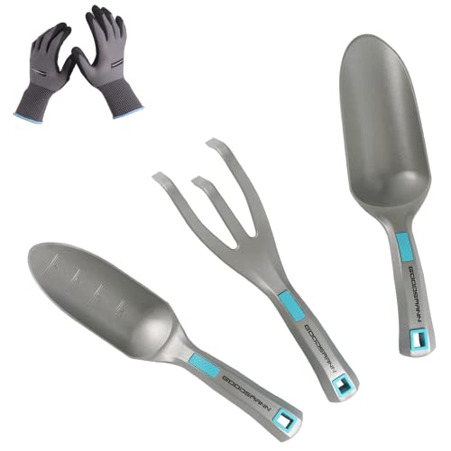 GOODSMANN Garden Tools Set, 3 Piece All One Piece Die-Cast Aluminum Gardening Kit, Hand Trowel, Marker Measurements Transplanter and Cultivator Garden Hand Shovel for Digging Weeding Planting