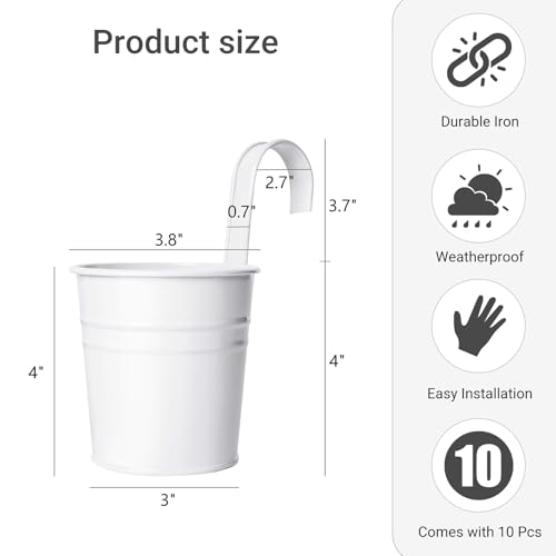 Dahey 3.8 Inches Small Metal Hanging Flower Pots 10 Pcs Railing Planter Box - color: White, size: 4 inches