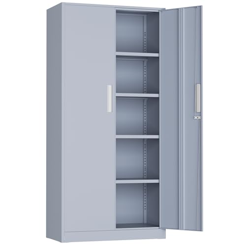 Incbruce 72” Metal Storage Cabinet, Locking Steel Storage Cabinet with 2 Doors and 4 Adjustable Shelves, Tall Lockable Tool for Garage, Home, Office (Cement Grey) - color: Cement Grey, size: 72"Storage Cabinet