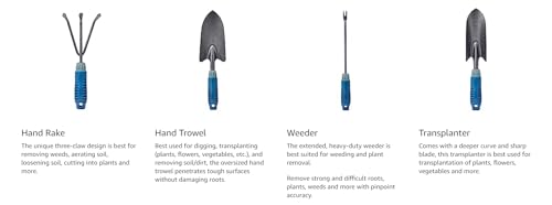 4 Piece Garden Tool Set Heavy Duty, Gardening Hand Tools Work No-Slip Grip Trowel Transplanter Weeder Hand Rake, Ergonomic Handle Indoor Outdoor