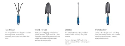 4 Piece Garden Tool Set Heavy Duty, Gardening Hand Tools Work No-Slip Grip Trowel Transplanter Weeder Hand Rake, Ergonomic Handle Indoor Outdoor