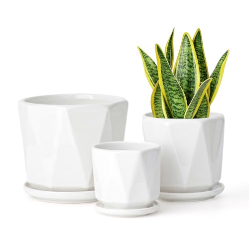 White Ceramic Planter Set of 3 with Drainage and Saucer, Indoor Plant Pots - color: Pure White