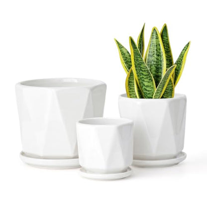 White Ceramic Planter Set of 3 with Drainage and Saucer, Indoor Plant Pots - color: Pure White